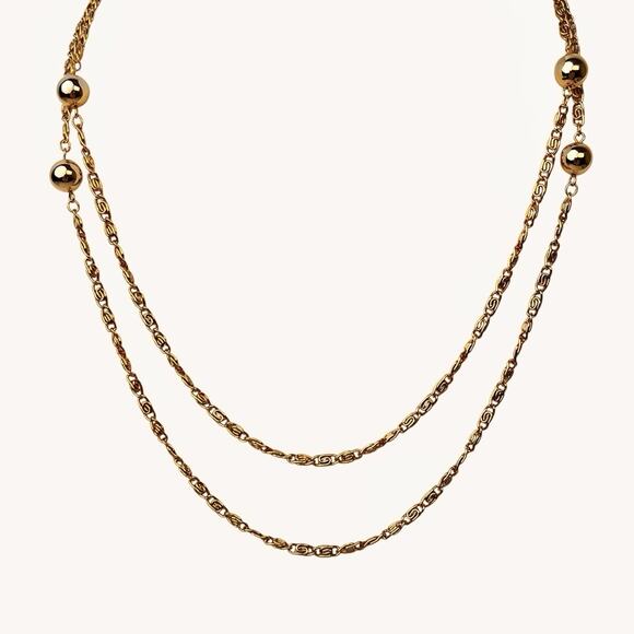 Necklace Gold Tone Ball Bead Station Continuous Loop Over Head Snail Link Chain - Picture 3 of 8
